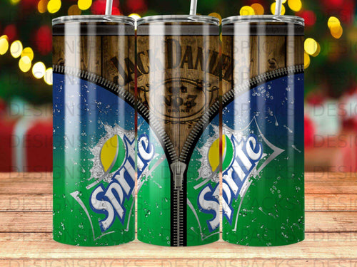 Jack Daniel's and Sprite logo design on a tumbler with zipper and water droplets.