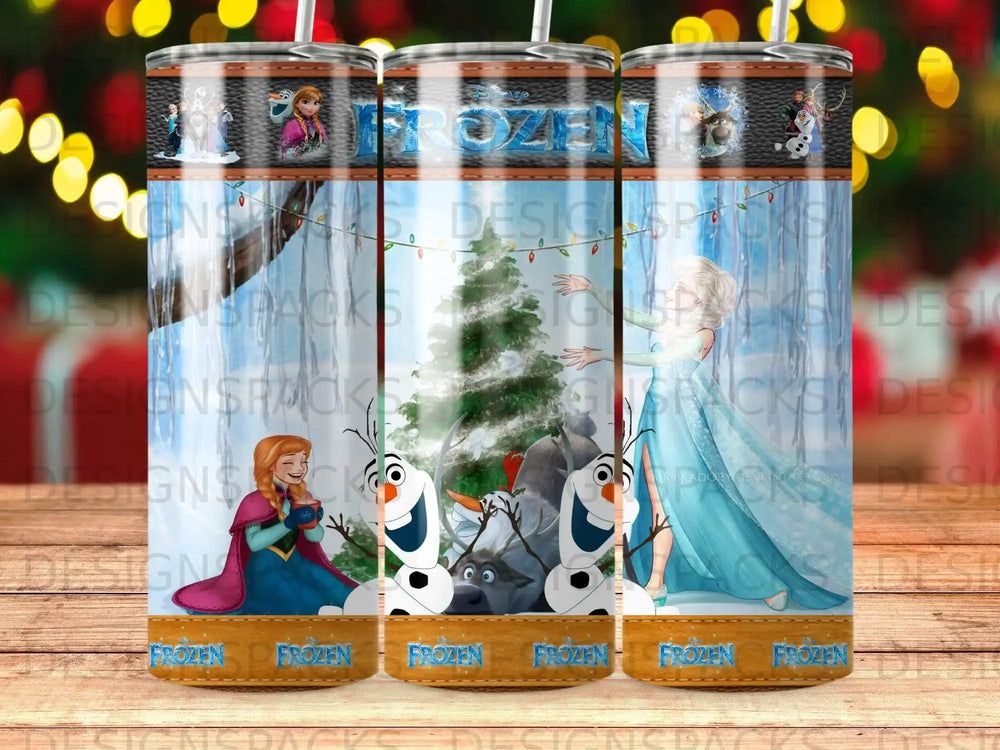 Frozen Elsa and Olaf design on three stacked tumblers with frozen waterfall background.