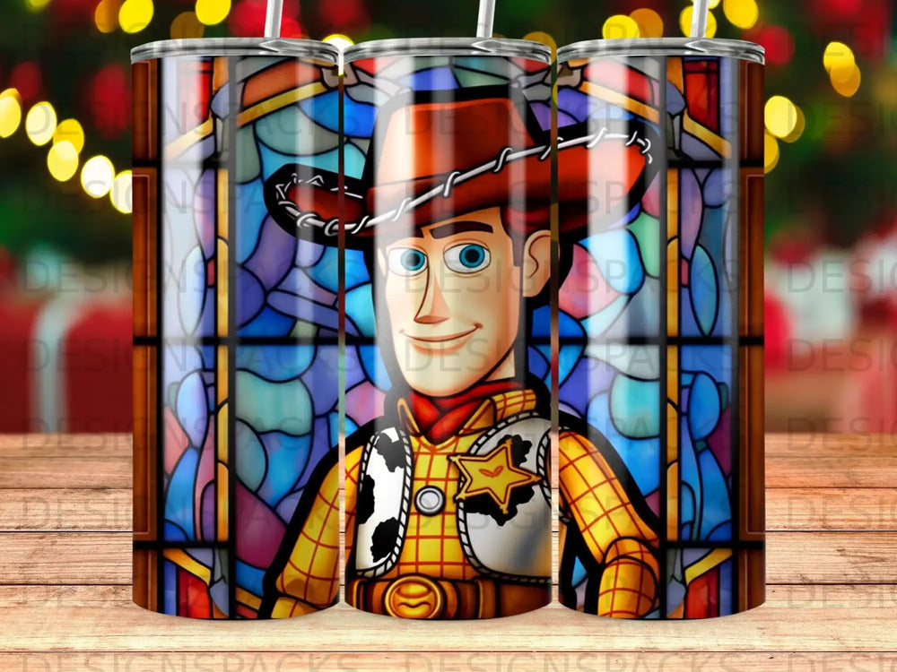 Woody from Toy Story in front of a stained glass window.