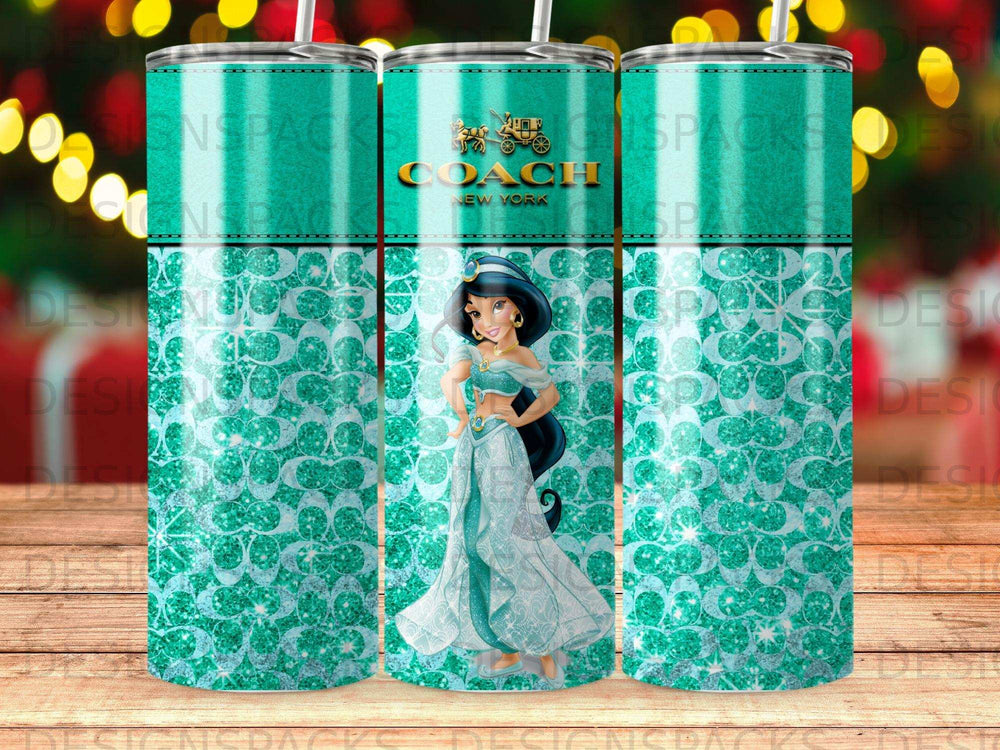 Coach New York tumbler with Princess Jasmine design on a teal glitter background.