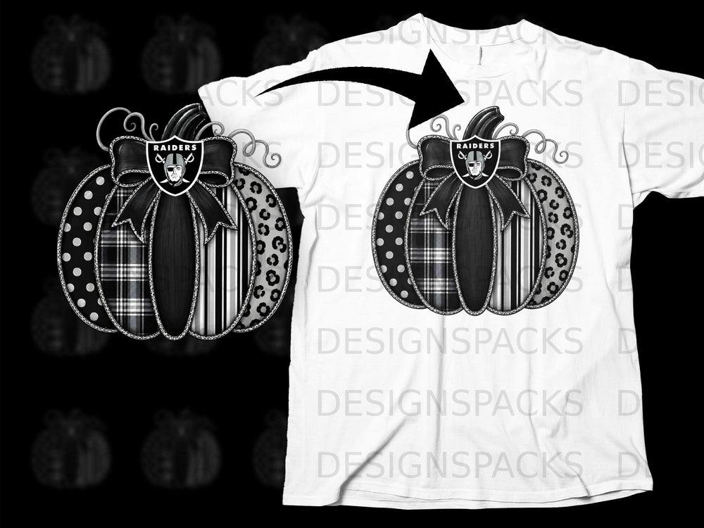 Pumpkin with Raiders logo, polka dots, plaid, stripes, and leopard print.