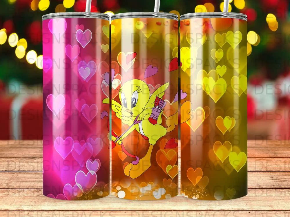 Cup with cartoon cupid bird, hearts, and subtle bokeh background.