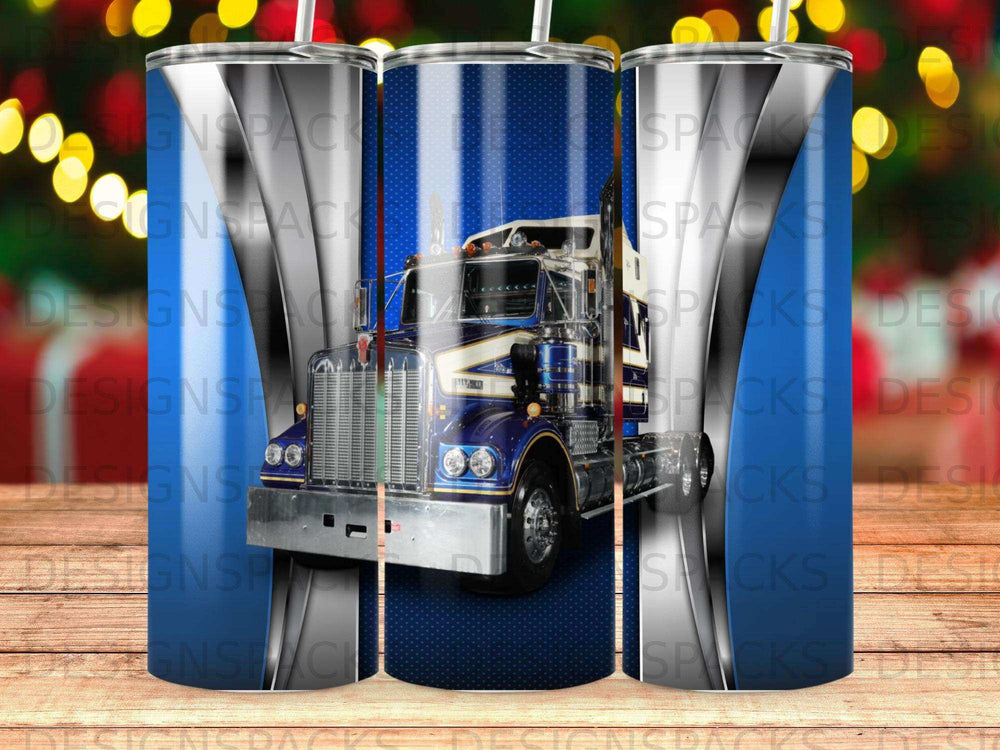 Blue and silver semi-truck with white accents on a blue speckled background.