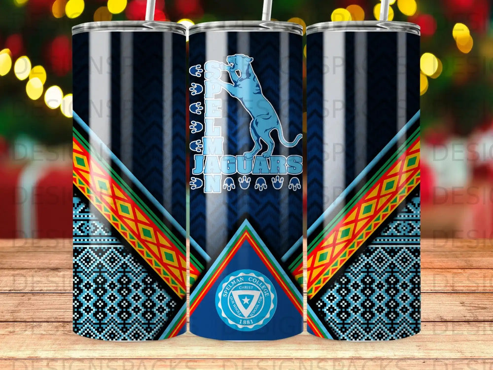 Blue tumbler with Spelman College Jaguars logo and colorful geometric patterns.