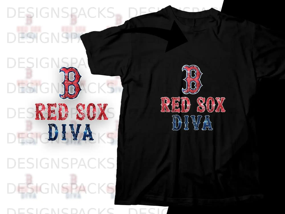 Black t-shirt with "Red Sox Diva" text and distressed "B" logo.