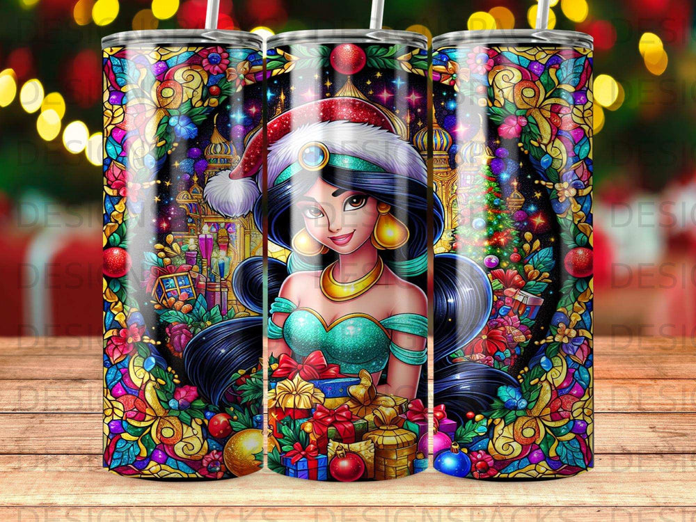 Jasmine in Santa hat surrounded by holiday gifts and colorful stained glass.