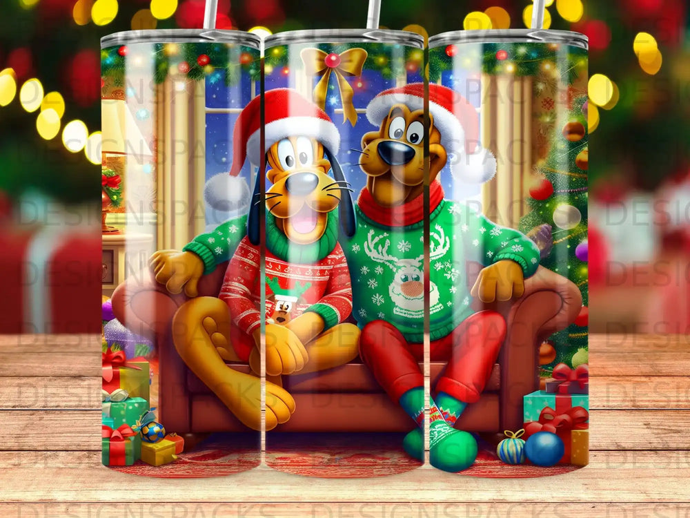 Pluto and Goofy in Christmas sweaters sitting on a couch with gifts.
