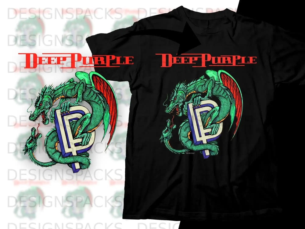 Black t-shirt with Deep Purple band logo featuring a green dragon.