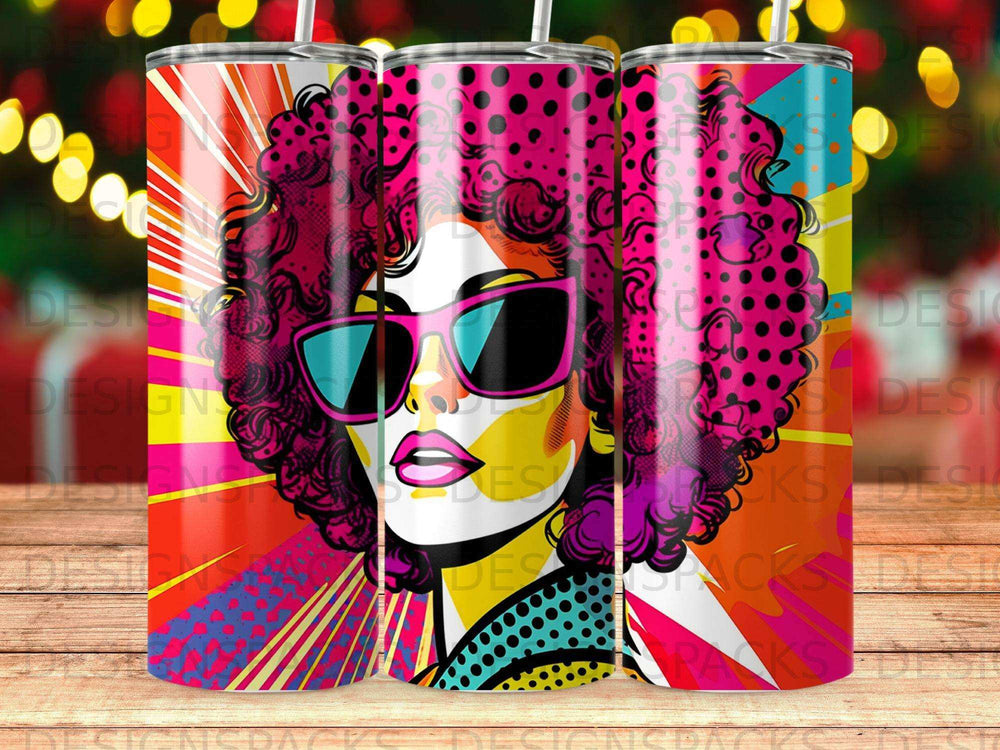 Pop art style woman with colorful hair and sunglasses, abstract background.