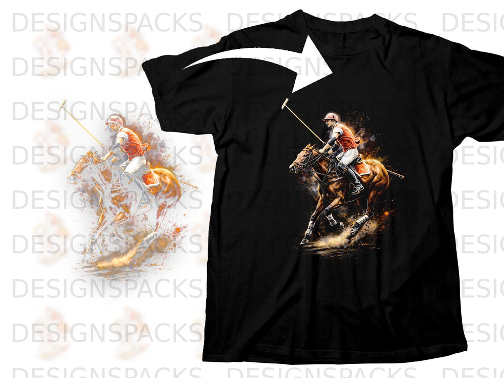 Black t-shirt with a polo player on horseback graphic design.
