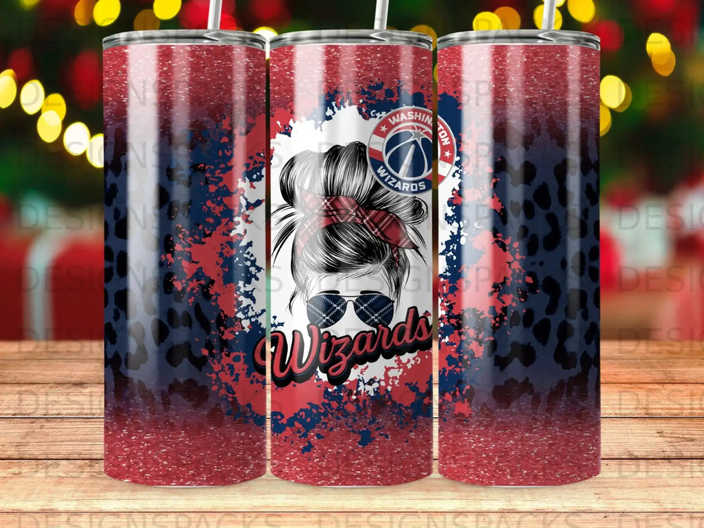 Washington Wizards tumbler with messy bun woman and patriotic background.