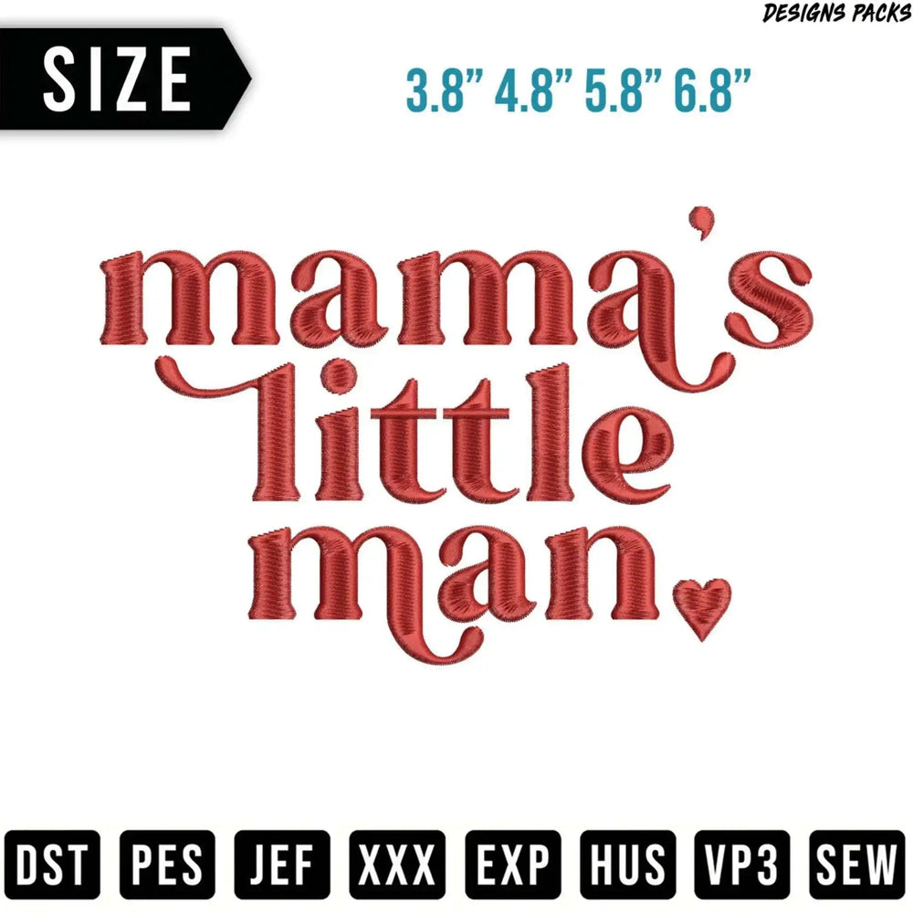 Embroidery design: "mama's little man" in red, with size options and file formats.