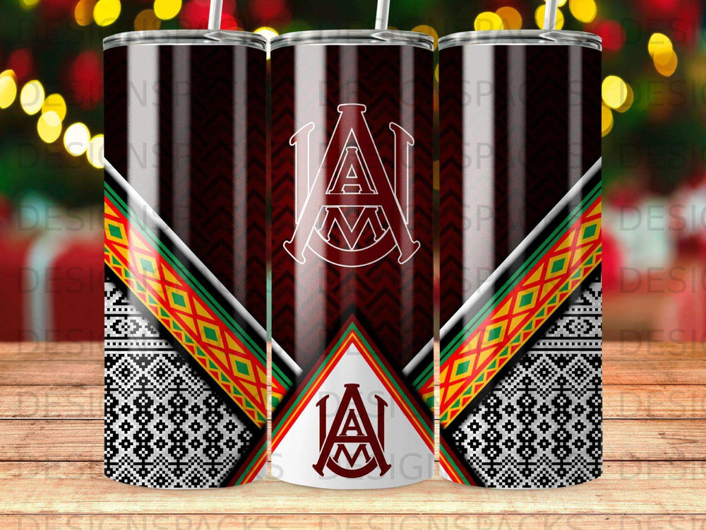 Maroon tumbler with "A&M" logo and geometric patterns.