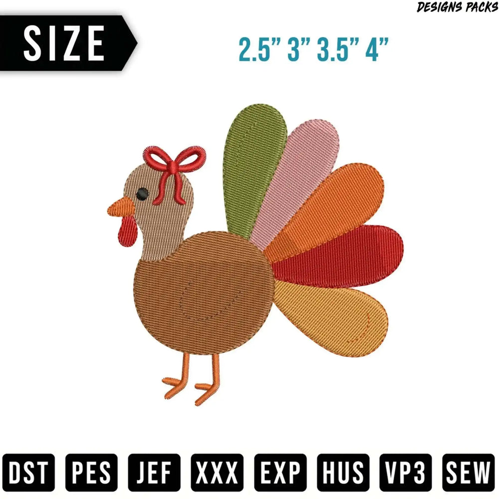 Brown turkey embroidery design with colored tail feathers and bow.