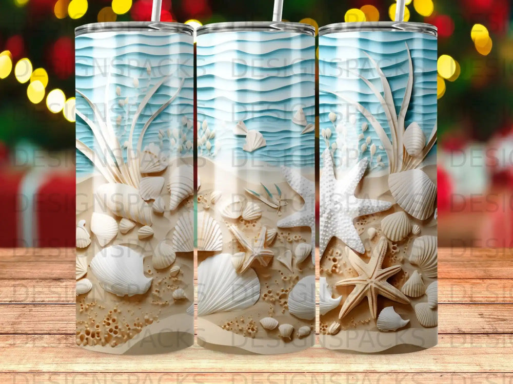 Beach scene with seashells and starfish on sand, detailed sublimation design.