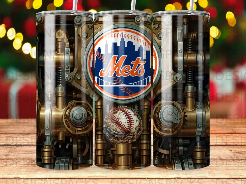 New York Mets logo and baseball on a steampunk tumbler.