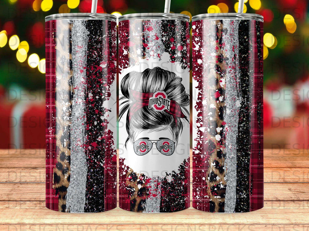 Red and black plaid tumbler with Ohio State logo and leopard print accents.