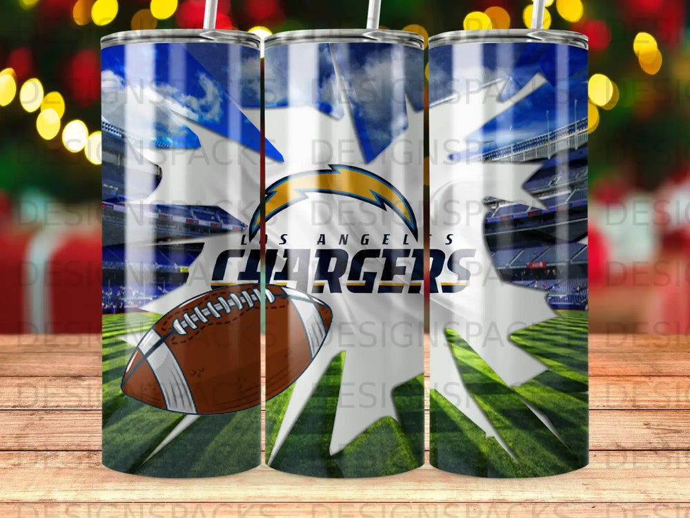 Los Angeles Chargers football helmet and stadium graphic on three tumblers.