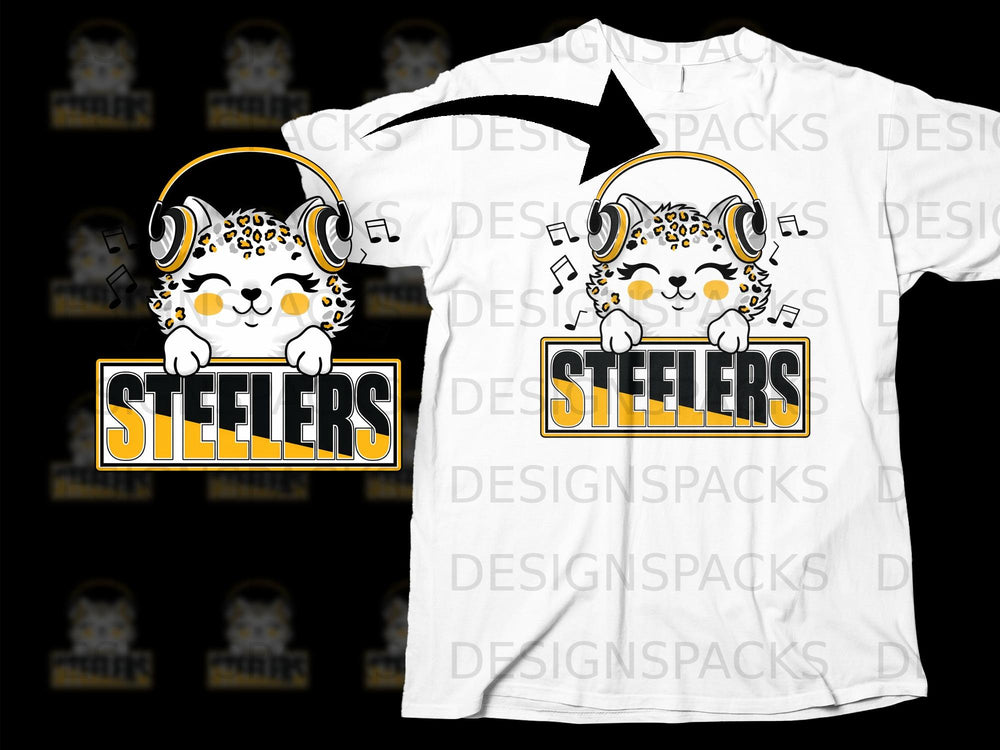 Cute leopard wearing headphones above "STEELERS" text and musical notes.
