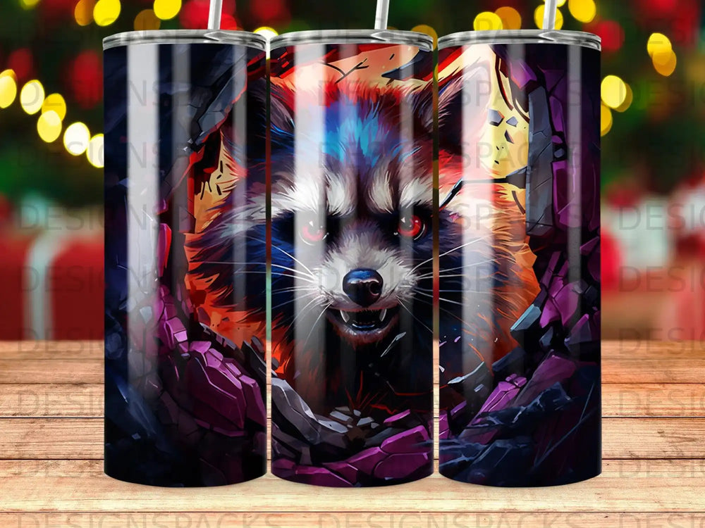 Close-up of a fierce raccoon with glowing red eyes emerging from broken rock.