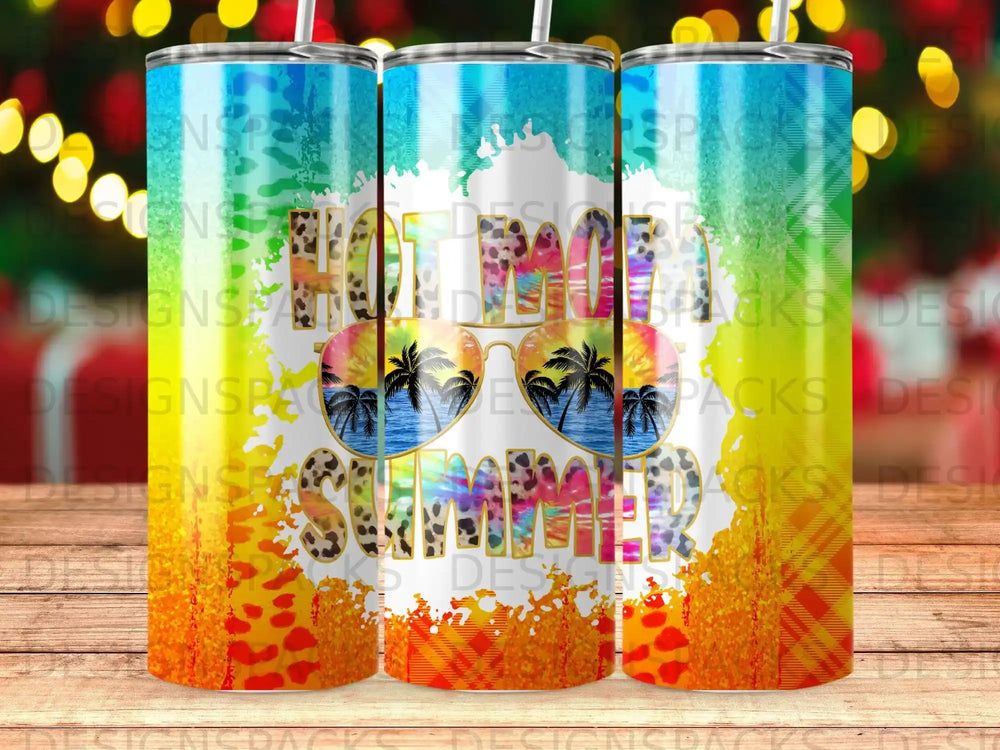 Tumbler with "Hot Girl Summer" text, sunglasses, palm trees, and leopard print.