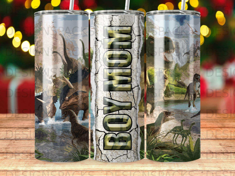 Boy Mom tumbler with dinosaur graphics and rugged texture.