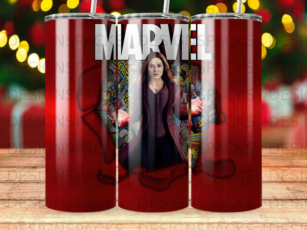 Marvel comic cover design on a tumbler featuring Scarlet Witch.