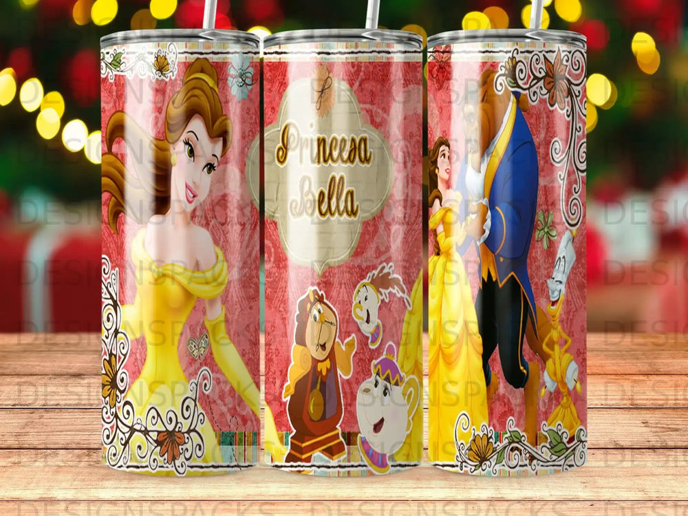 Belle and Beast characters with "Princesa Bella" text on a patterned tumbler.