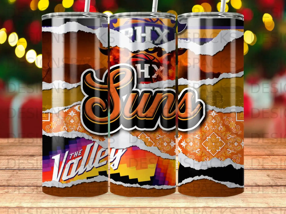 Phoenix Suns "The Valley" logo on a cracked, torn tumbler design.