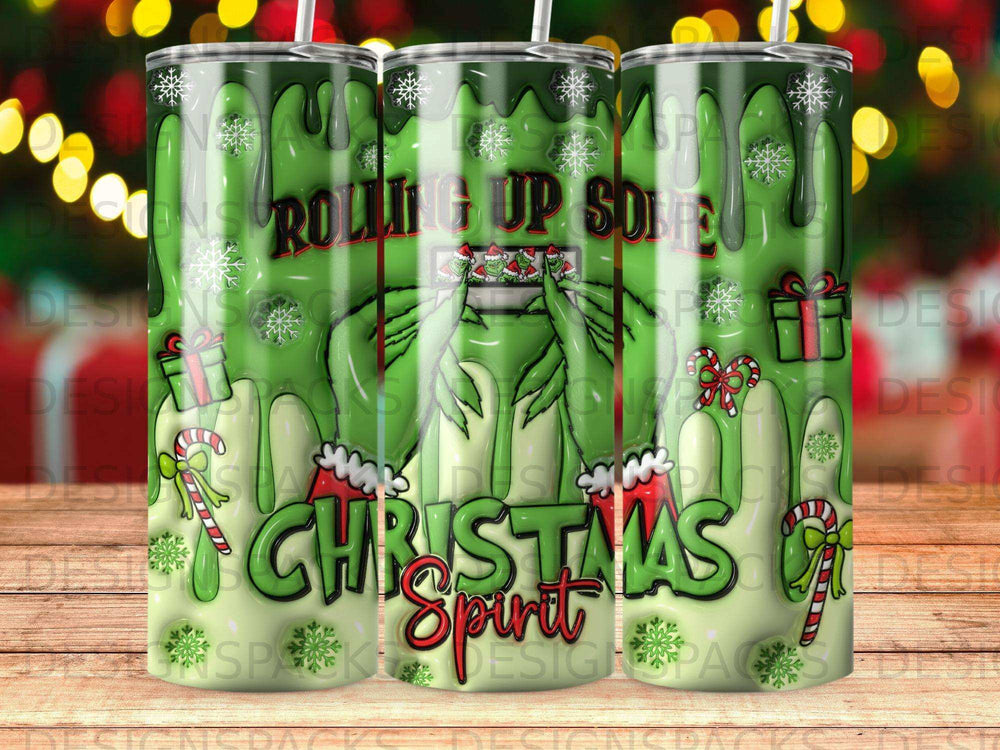 Green Grinch tumbler with "Christmas Spirit!" text and festive holiday elements.