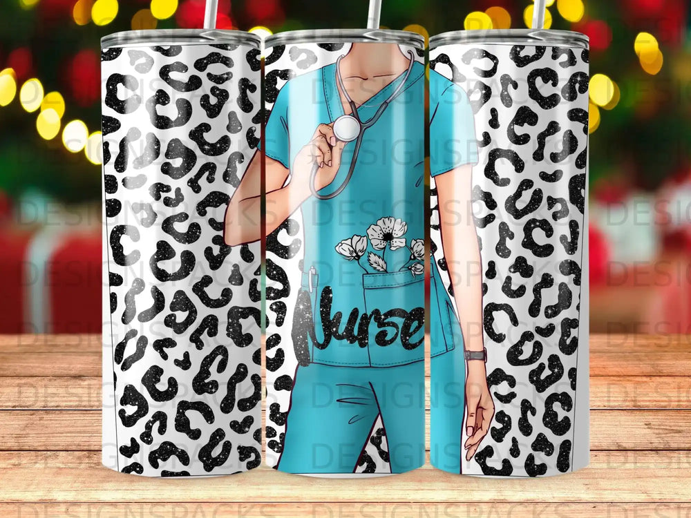 Nurse's scrubs with leopard print trim on a tumbler.