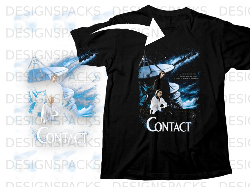 Black t-shirt with "Contact" movie poster art featuring a couple and radio telescopes.