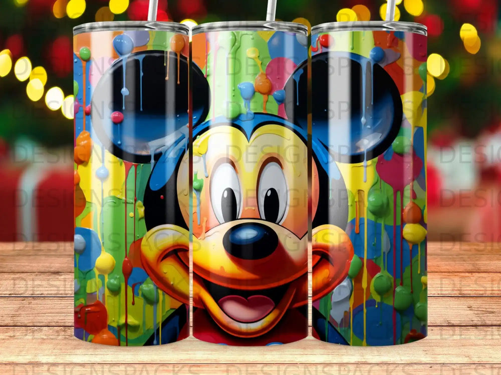Mickey Mouse with colorful paint drips, designed for a tumbler.