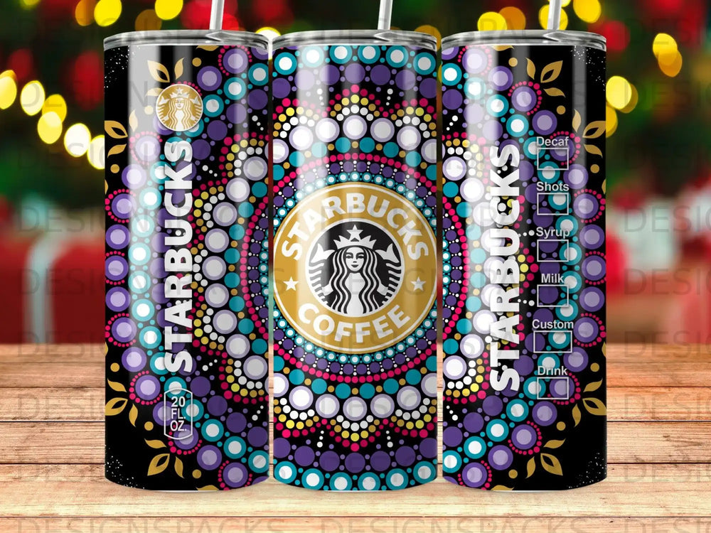 Starbucks tumbler with mandala pattern and drink options listed.