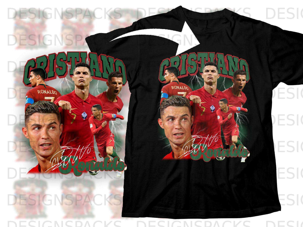 Cristiano Ronaldo graphic t-shirt with multiple portraits and signature.