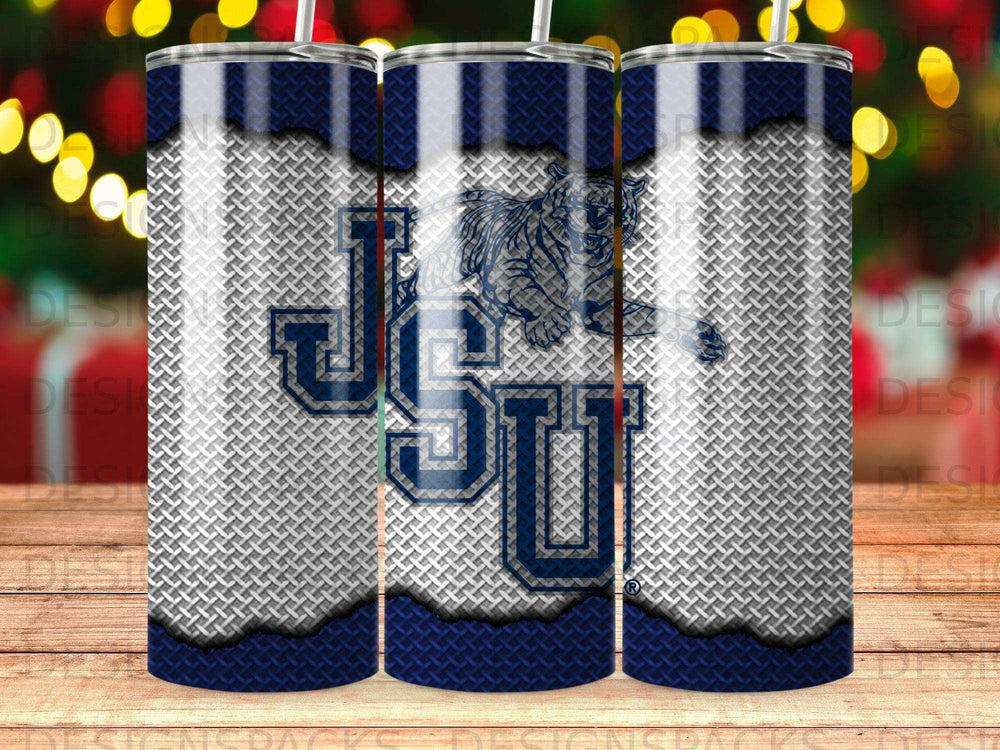 Blue and white "JSU" logo with a tiger head on a diamond plate background.