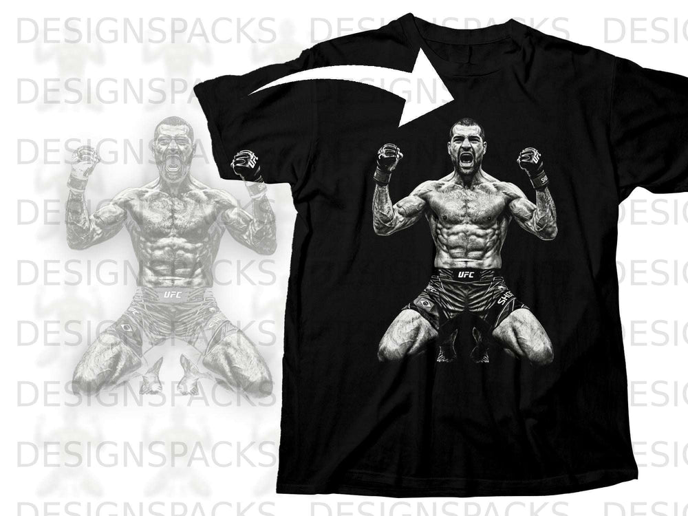 Black t-shirt with a detailed sketch of a victorious UFC fighter wearing shorts.