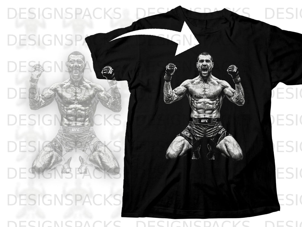 Black t-shirt with a detailed sketch of a victorious UFC fighter wearing shorts.