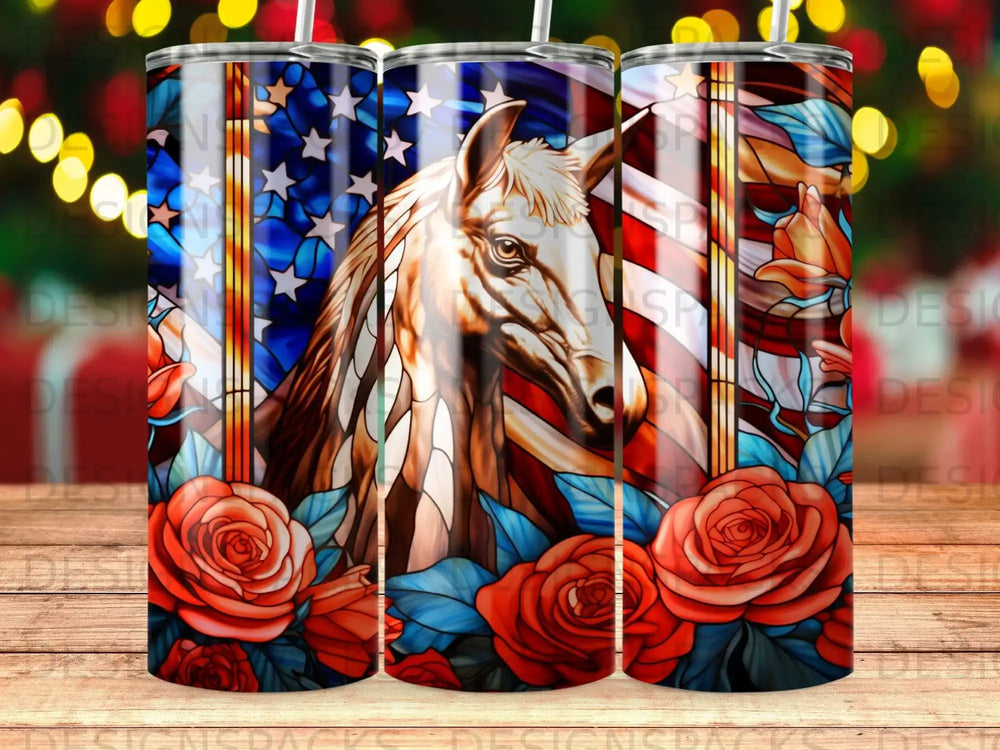 Horse with American flag and red roses on a tumbler.