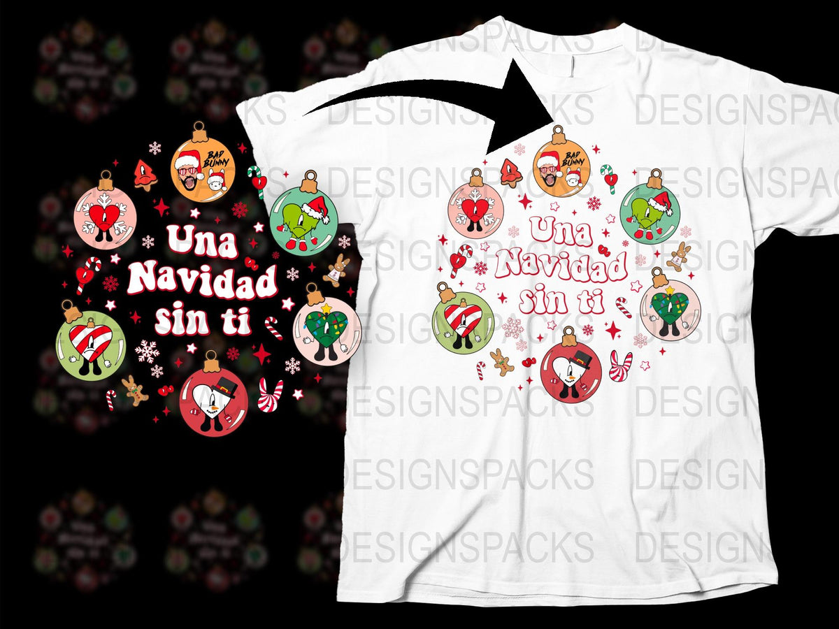 Una Navidad Sin Ti T-Shirt, Festive Holiday Graphic Tee, Cute Christmas Characters, Family Apparel