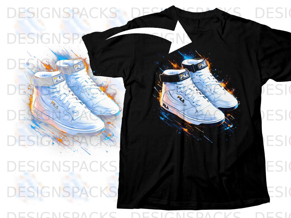 Black t-shirt featuring a graphic of white Fila sneakers with colorful paint splatters.