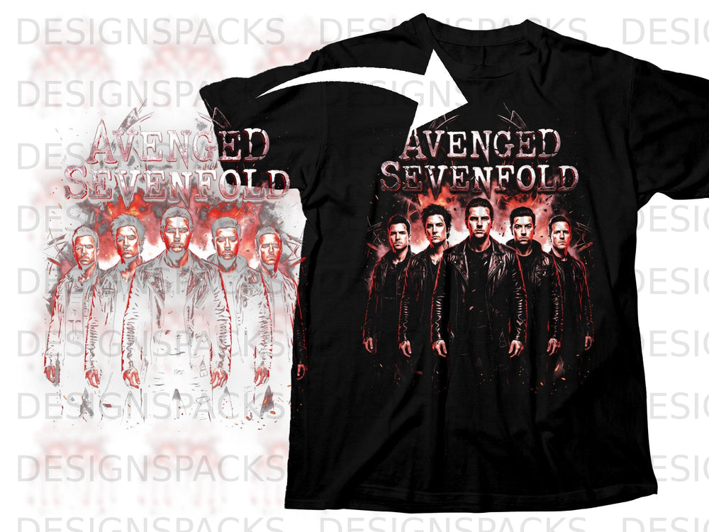 Black t-shirt featuring the band "Avenged Sevenfold" with a stylized graphic of the band members.
