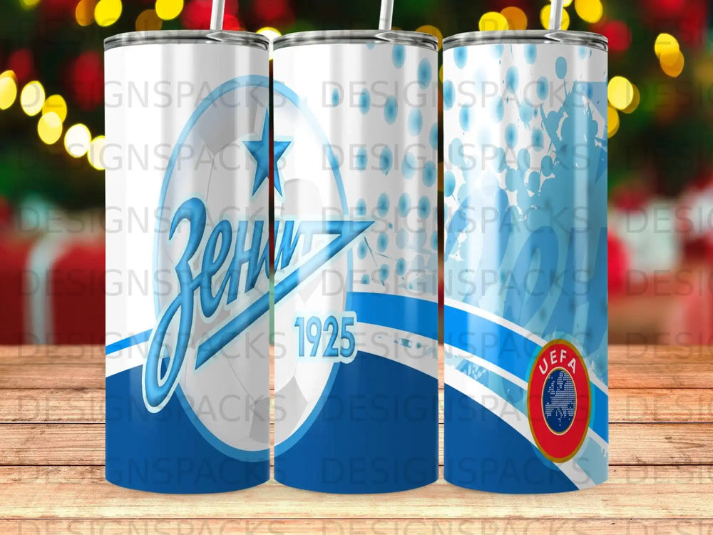 Zenit 1925 logo and UEFA badge on a blue and white striped tumbler.