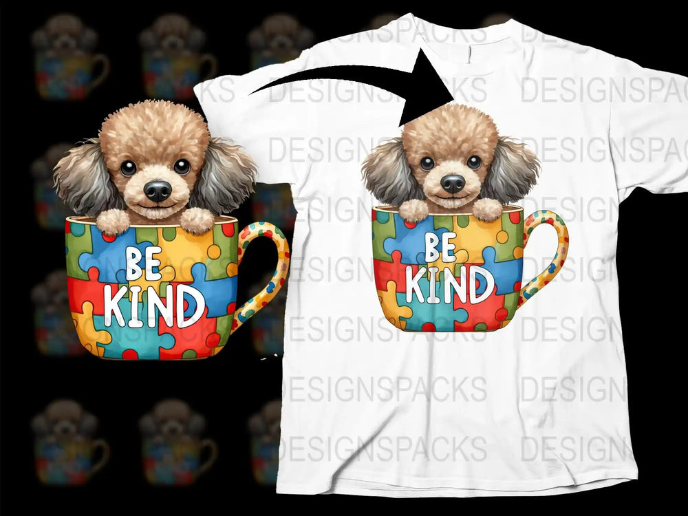 Cute Poodle Puppy Be Kind Mug Graphic T-Shirt, Colorful Cartoon Dog Design, Unisex Casual Wear