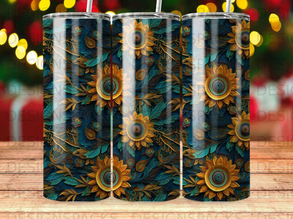 Dark blue tumbler with repeating golden floral and sunflower pattern.