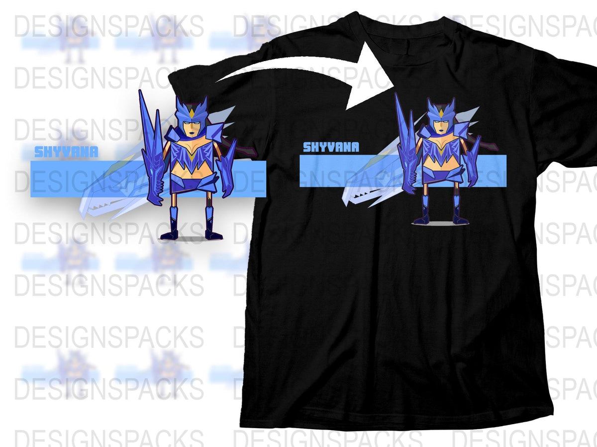Shyvana Dragon Warrior Graphic T-Shirt, Blue and Yellow Fantasy Design, Gamer Apparel, Unisex Tee