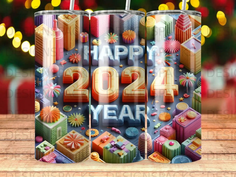 Happy 2024 text with colorful gift boxes and abstract decorations.