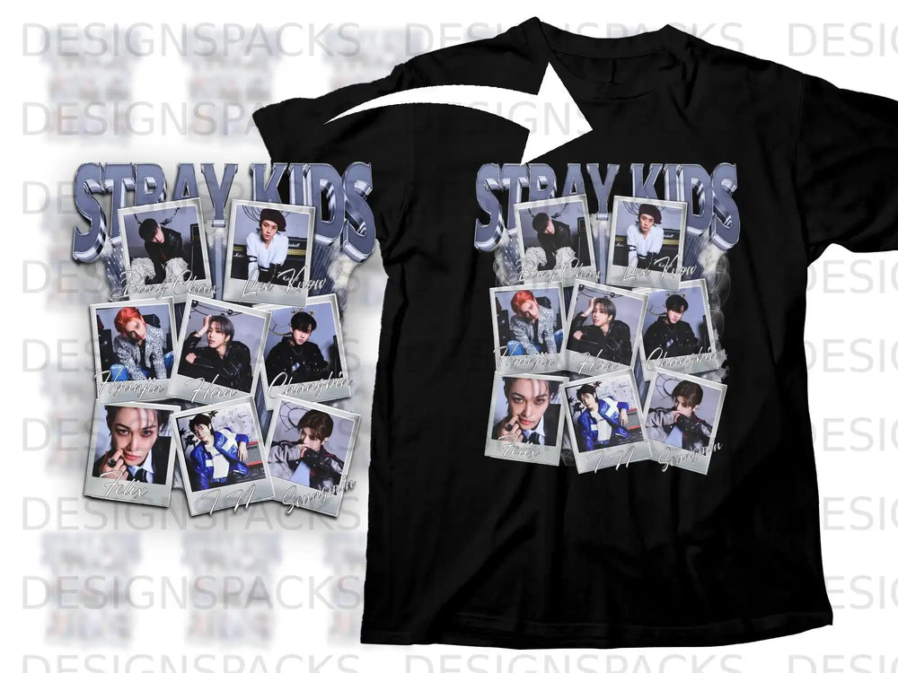 Stray Kids album cover collage on a black t-shirt.