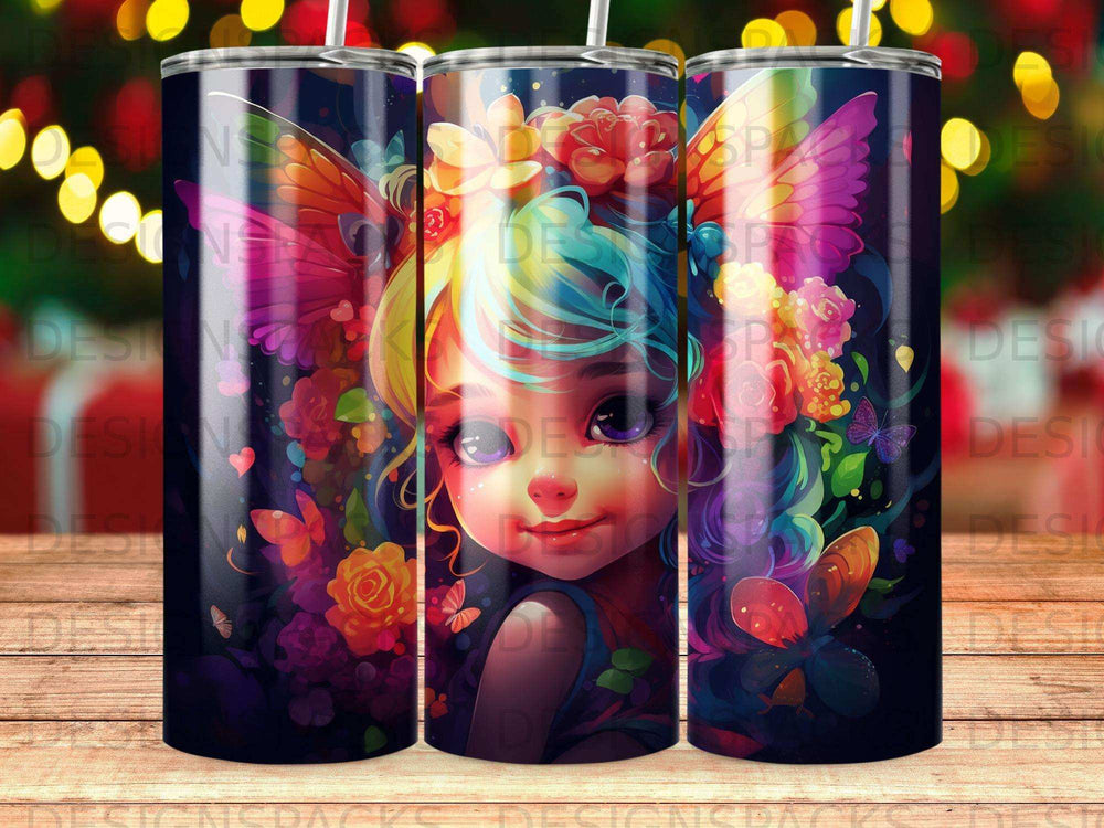 Fairy girl with colorful wings and floral crown surrounded by butterflies and flowers.