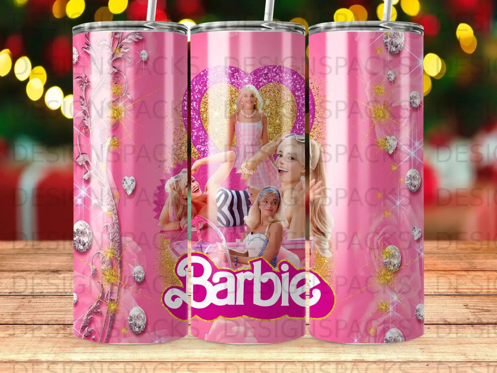 Pink Barbie tumbler with repeating Barbie logo and heart pattern.